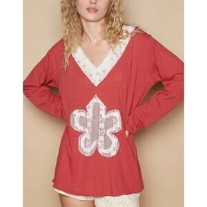 POL Boho Floral Lace V-Neck Long Sleeve Top Red Patchwork Tee Women’s Size Small